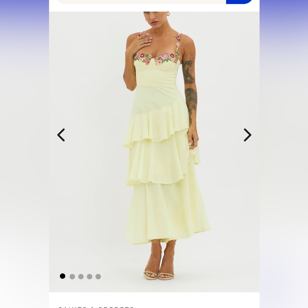 Selfie Leslie Rose Garden Tiered Ruffle Floral Trim Dress Lemon Size M